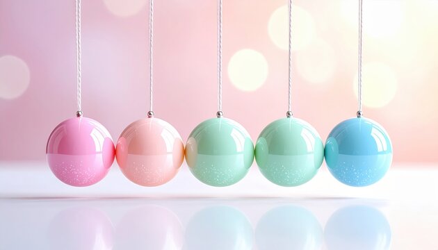 Colorful pastel pendulum balls in motion, concept of balance, physics, design harmony, and creative minimalism in pastel tones