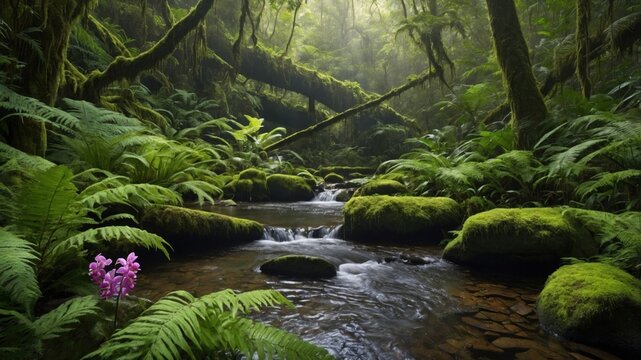 Serene forest stream with lush greenery and vibrant flowers, sunlight filtering through trees