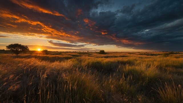 Stunning sunset over a vast grassland with dramatic clouds, creating a serene landscape view