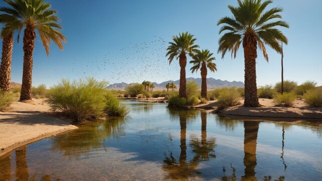 Serene desert oasis with palm trees reflecting in calm waters, surrounded by lush greenery and mountains