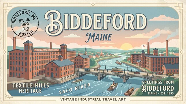 Vintage Biddeford Maine Travel Poster Art featuring Historic Textile Mills on the Saco River with Retro Postcard Design and Industrial Heritage Illustration