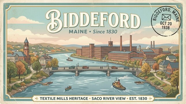 Vintage Biddeford Maine Travel Poster Art - Retro Style Illustration of Saco River, Historic Brick Textile Mills, and Scenic River View