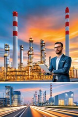 Obraz premium Business engineer inspecting refinery and industrial plant operations at sunset with modern energy infrastructure