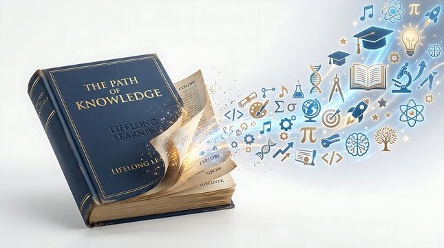 Open book with floating educational icons representing knowledge and learning