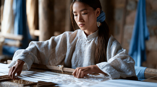 Vietnamese silk weaver adjusting tension on traditional wooden loom with intricate floral pattern forming, studio light on thread rows, textile heritage, artisan weaving process,