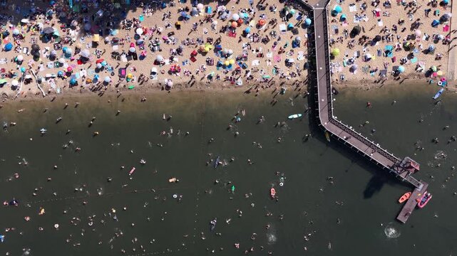 Aerial drone view of a crowded summer lake beach with people swimming and sunbathing. Colorful umbrellas, water obstacle course on lake, on a sunny day. Lake Pogoria in Dabrowa Gornicza, Poland