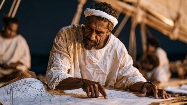 Pacific Islander navigator demonstrating traditional wayfinding star chart to apprentices in open boat, nighttime horizon, non-instrument ocean navigation, Indigenous knowledge