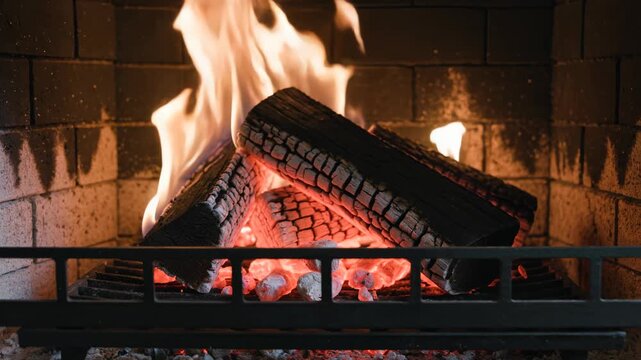 Fireplace burning with glowing embers and wooden logs in a brick hearth