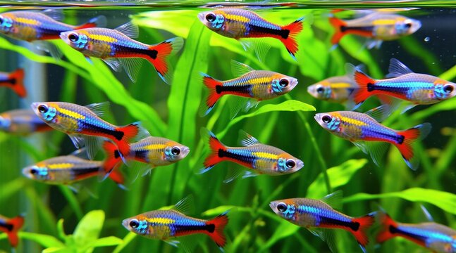 Colorful guppy fish school together in a green planted aquarium. Small aquatic pets swim in clear fresh water. Tiny fish have bright red blue yellow stripes.