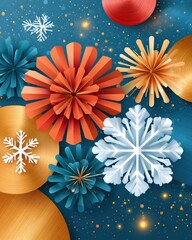 Fototapeta premium Festive holiday background with paper rosettes, snowflakes and gold accents for winter celebrations