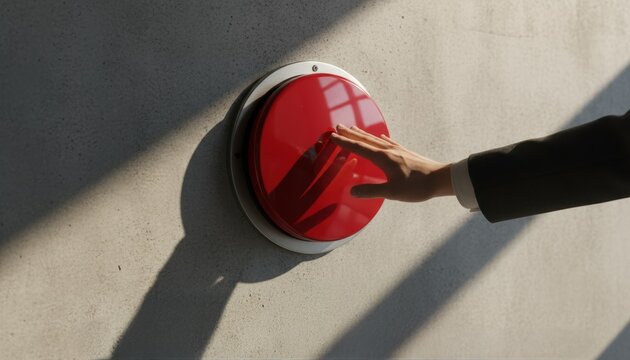 Businessperson hand reaching for large red emergency button on concrete wall symbolizing critical decision urgency risk and last minute action