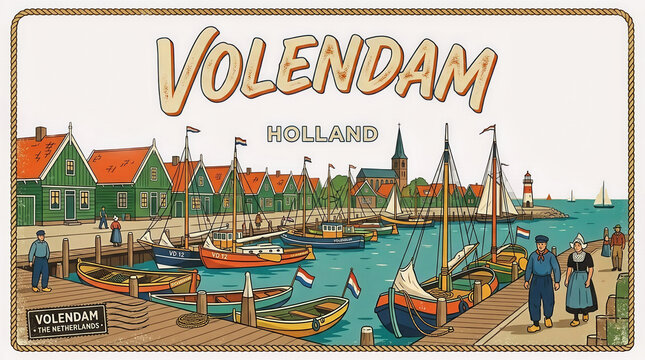 Volendam Holland Vintage Illustration: Charming Dutch Harbor Scene with Traditional Fishing Boats, Iconic Houses & Costumes