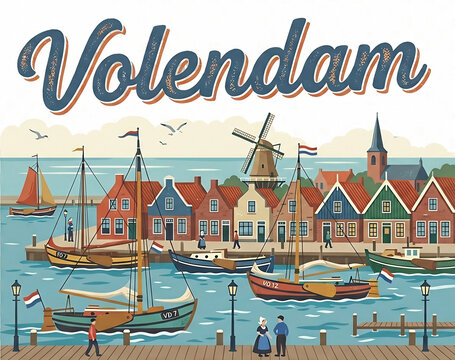 Volendam, Netherlands: Quaint Dutch Harbor Village Vector Illustration with Traditional Boats, Windmill, Historic Houses & People in Folk Costume. Travel & Culture Scene