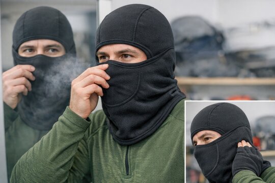 A person wearing a ski mask and sunglasses smokes a cigarette outside