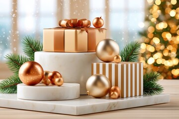Fototapeta premium Luxury Christmas gifts and gold ornaments on marble podium with pine branches and bokeh lights