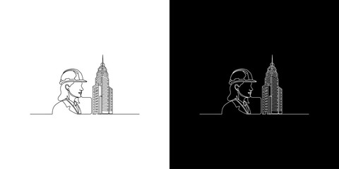 Obraz premium Continuous Line Art of Female Engineer with Skyscraper on Dual Backgrounds
