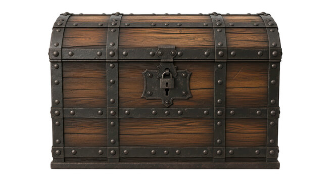 Vintage old wooden treasure chest iron bands isolated on white background.