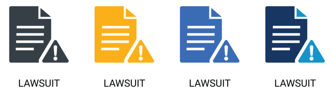 Corporate lawsuit and legal warning solid icon set, document page with exclamation mark inside triangle sign, business court compliance and policy risk vector.
