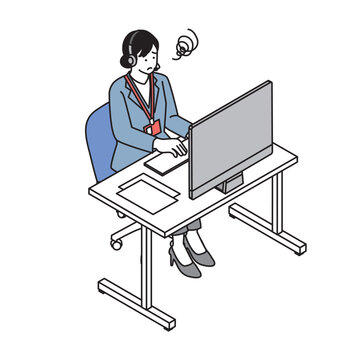 対応に困り困惑した表情を浮かべるコールセンターの女性オペレーター