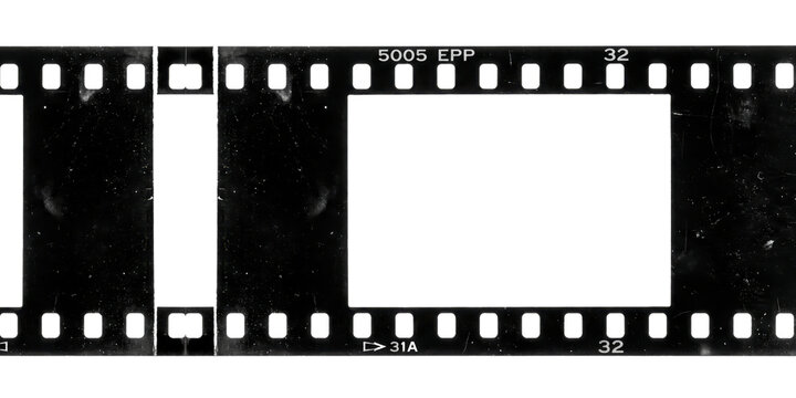 Vintage 35mm film strip frame with blank negative space and authentic dust textures isolated on transparent background for cinematic design projects with central rectangle completely blank PNG