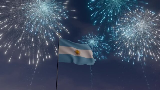 Argentina flag with fireworks for new year eve night celebration