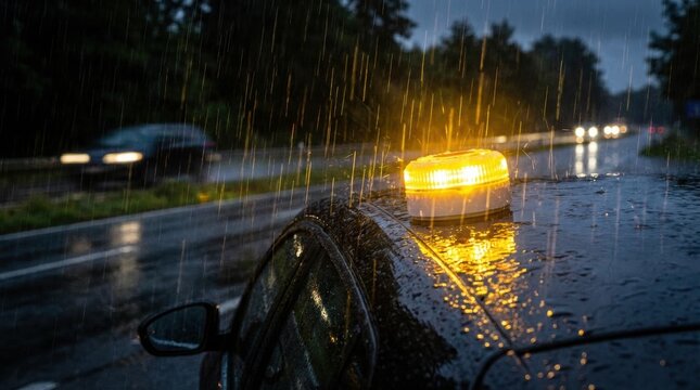 Bright emergency warning light V-16 beacon magnetic high-visibility emergency light for vehicles illuminates a car on a wet highway shoulder during a heavy rainstorm at dusk