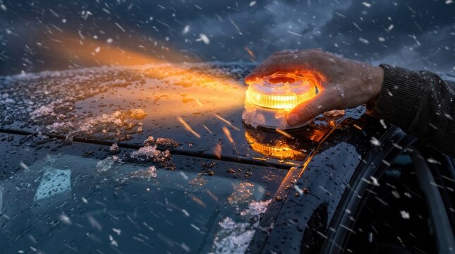 Human hand places emergency beacon light on car roof during a heavy winter blizzard with falling snow at twilight hour