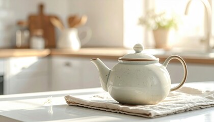 Fototapeta premium Ceramic teapot sits on linen towel over white kitchen counter during bright morning with soft sunlight from window background