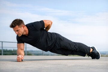 Fototapeta premium A person performing push-ups on a smooth concrete surface