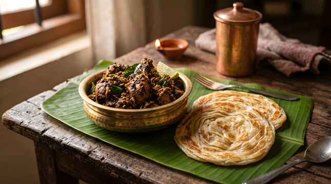 Traditional Tamil Nadu Chicken Sukka with Flaky Parotta and Roasted Coconut
