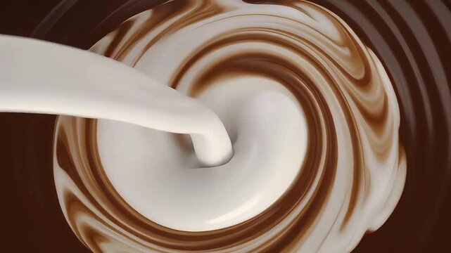 White cream pouring into dark melted chocolate creating swirls