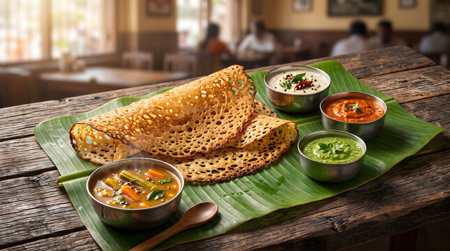 Authentic Crispy South Indian Rava Dosa Served with Three Traditional Chutneys and Hot Sambar