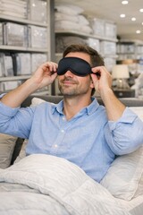 Obraz premium A person relaxing on a sofa with an eye mask, ideal for use in images about leisure time, relaxation, and sleep