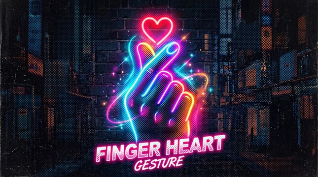 A glowing neon finger heart gesture with crossed thumb and index forming heart, illuminated symbol above in vibrant urban alleyway atmosphere.