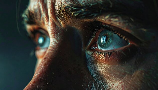 Intense focus fear, and raw tension, wide eyes and sharp detail suggest shock, vigilance, and a fight or flight moment. Extreme macro close up of human blue eye showing intricate iris detail.