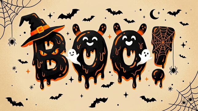 Halloween 'boo ' typography with witch hat ghosts spiders and web design