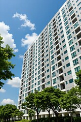 Fototapeta premium Modern apartment complex exterior in South Korea. High rise building with many windows and balconies, surrounded by green trees under a blue sky with white clouds.