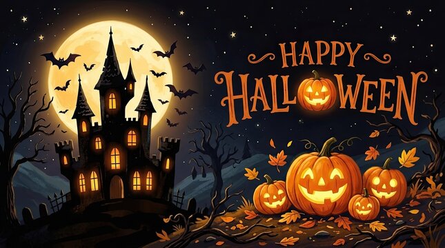 Spooky halloween castle with jack o' lanterns and bats under a full moon