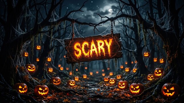 Spooky halloween night with glowing pumpkins and scary sign