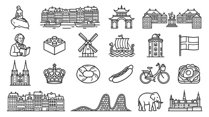 Danish Landmarks and Culture Icons: Copenhagen, Vikings, Lego, Windmill, Royalty © Eliy