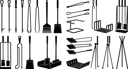 Fireplace tool set icons with poker shovel tongs and brush silhouettes isolated on white background © Smith