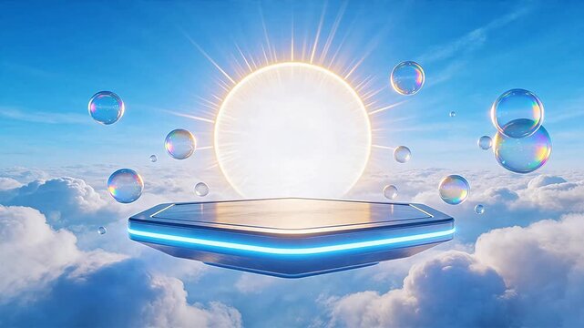 Floating platform with sun and bubbles