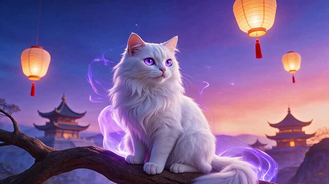 White cat with purple eyes on tree branch