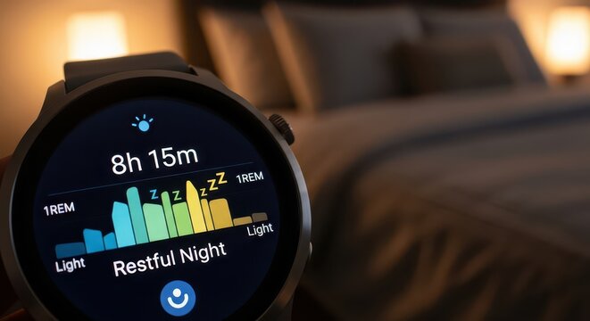 Smartwatch displaying sleep data with detailed charts and icons