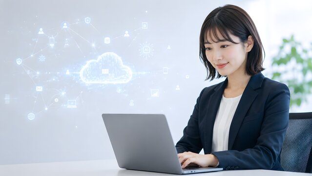 クラウドAIを活用して働く日本人ビジネスウーマン DXとデータ連携