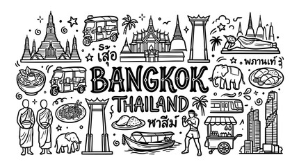 Fototapeta premium Bangkok Thailand Travel Landmarks and Cultural Symbols in Black and White Hand Drawn Doodle Style