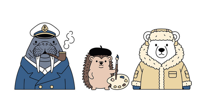 Cute Anthropomorphic Animals Walrus Captain Hedgehog Artist Polar Bear