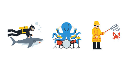 Humorous ocean life vector set with octopus drummer and scuba diver © NafiCraft