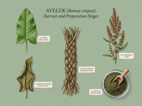 Botanical grid flat lay of wild Aveluk sorrel stages on green background