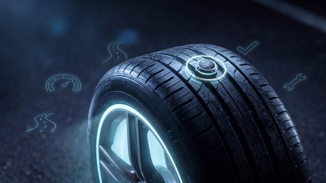 Tyre pressure monitoring system technology, smart car tyre with embedded sensor and digital speedometer, road curve and wrench icons, vehicle safety, tyre performance management and automotive
